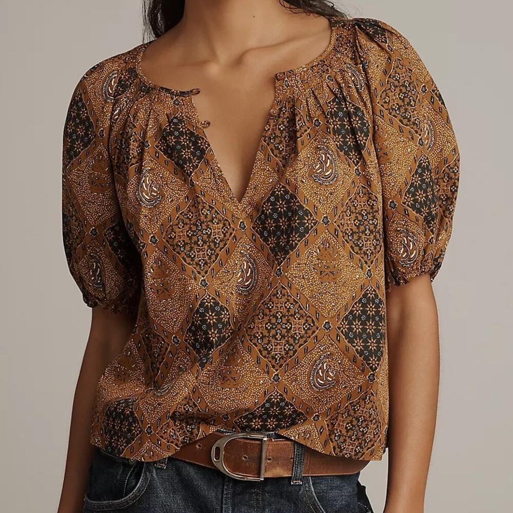 NWT THE GREAT. Moorland Puff-Sleeve Bandana-Print Top Size 0 Brown Black Boho